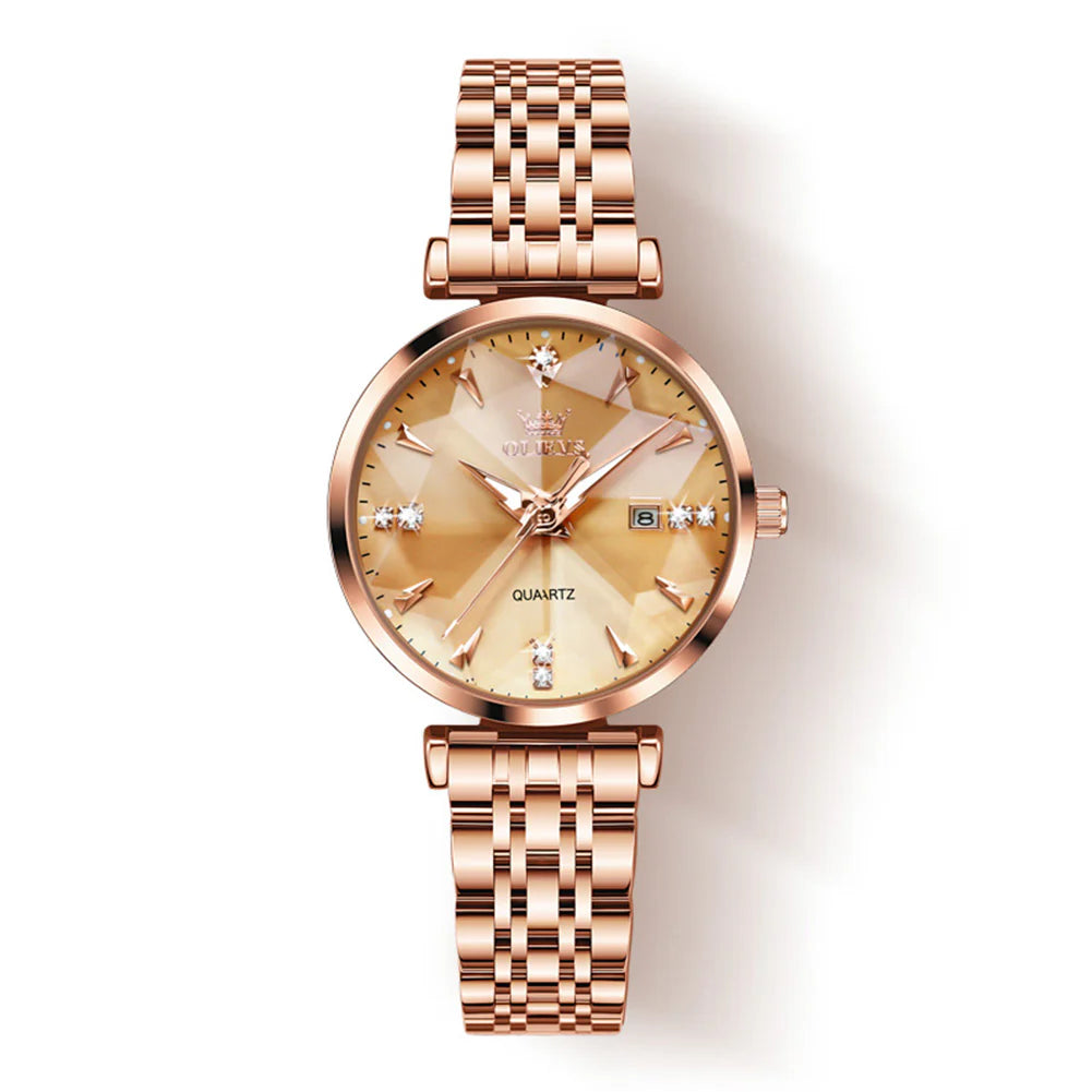 OLEVS 5536 Women's Rhombic shape Mirror Rose Gold Steel Waterproof