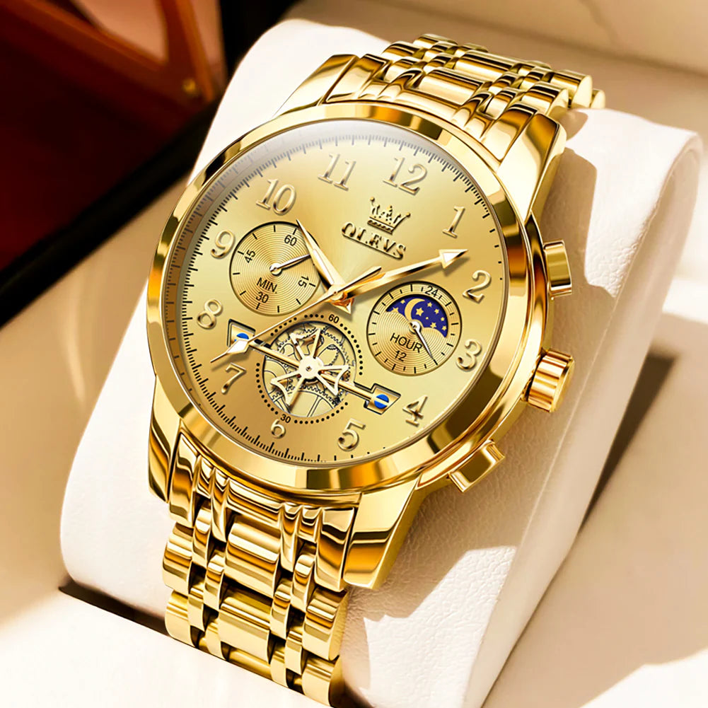 OLEVS Men's Engraved Flywheel Chronograph Display Moon Phase Waterproof Luminous
