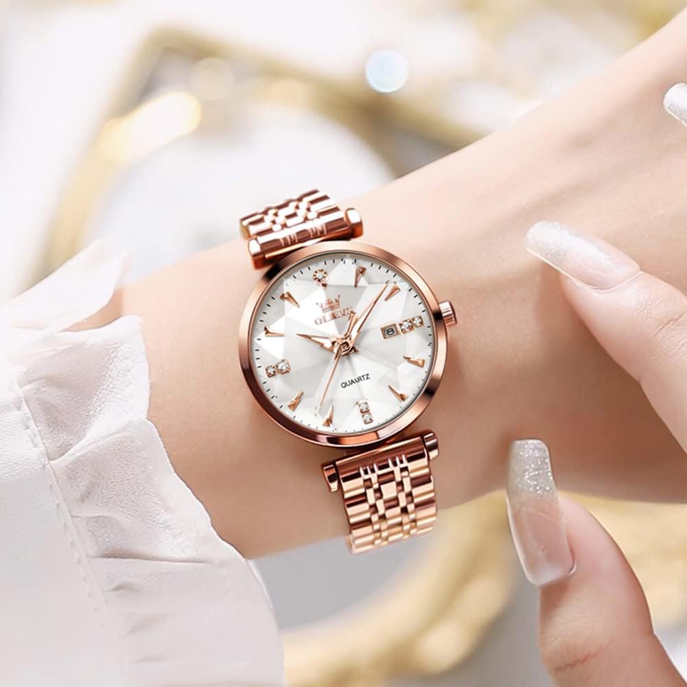 OLEVS 5536 Women's Rhombic shape Mirror Rose Gold Steel Waterproof