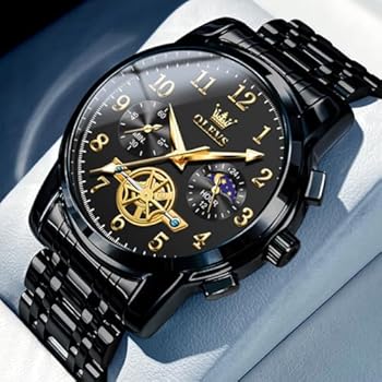 OLEVS Men's Engraved Flywheel Chronograph Display Moon Phase Waterproof Luminous