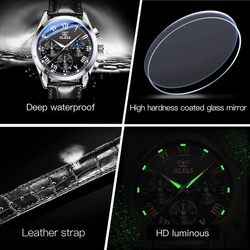 OLEVS Noctilucent Business Waterproof Leather Strap Moon Phase Relogio Masculino