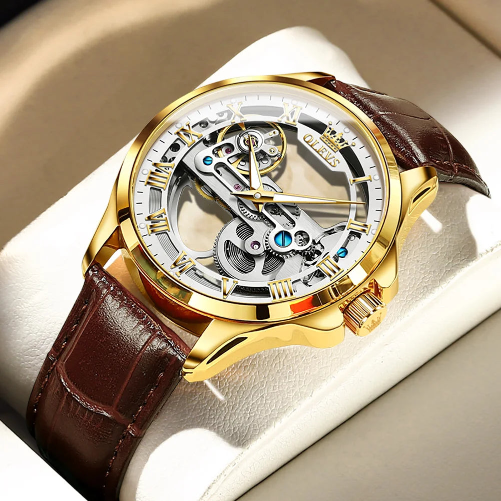 OLEVS 6661 Men's Mechanical Leather Strap Luminous