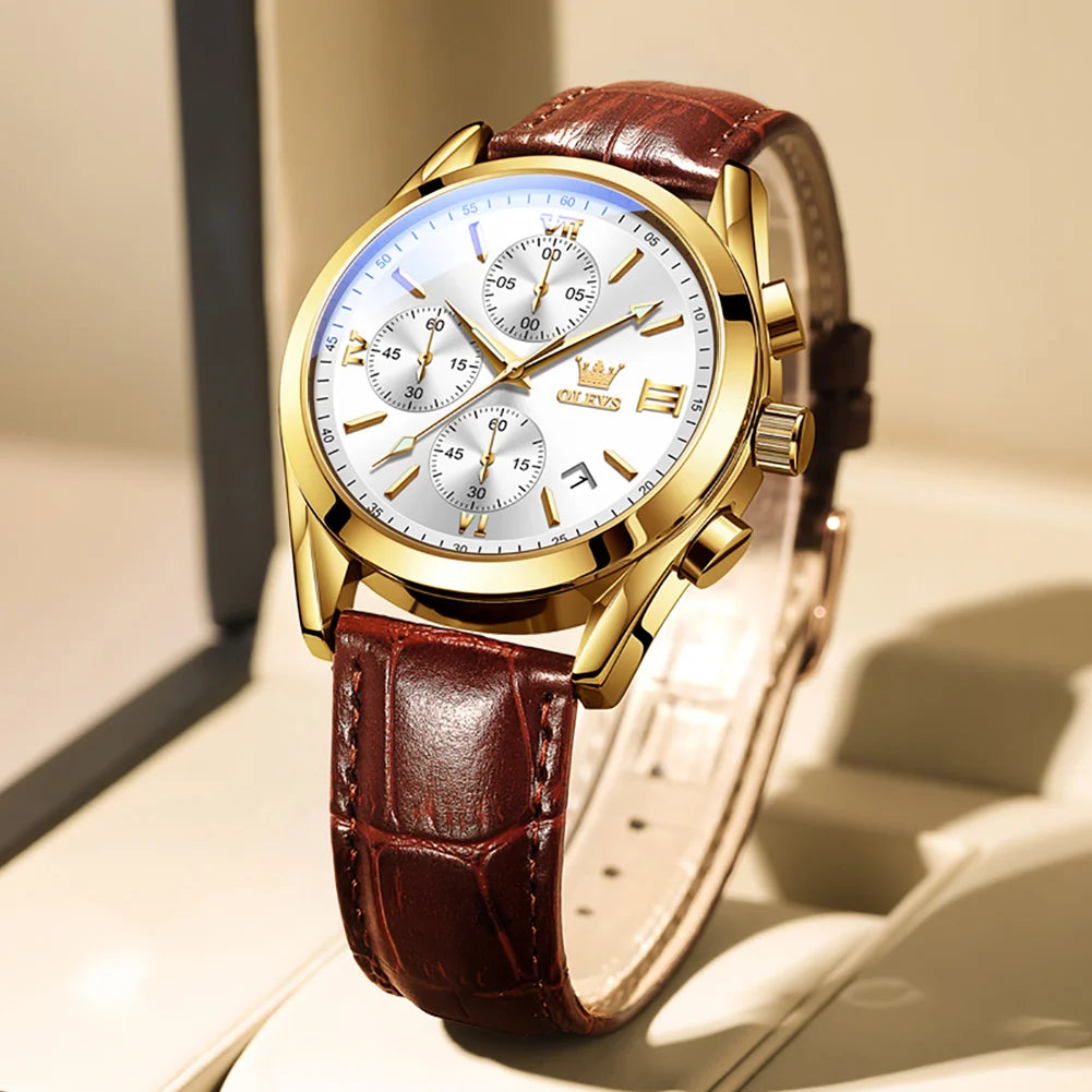 2021 OLEVS 2872 Premium Leather Waterproof Sport Chronograph