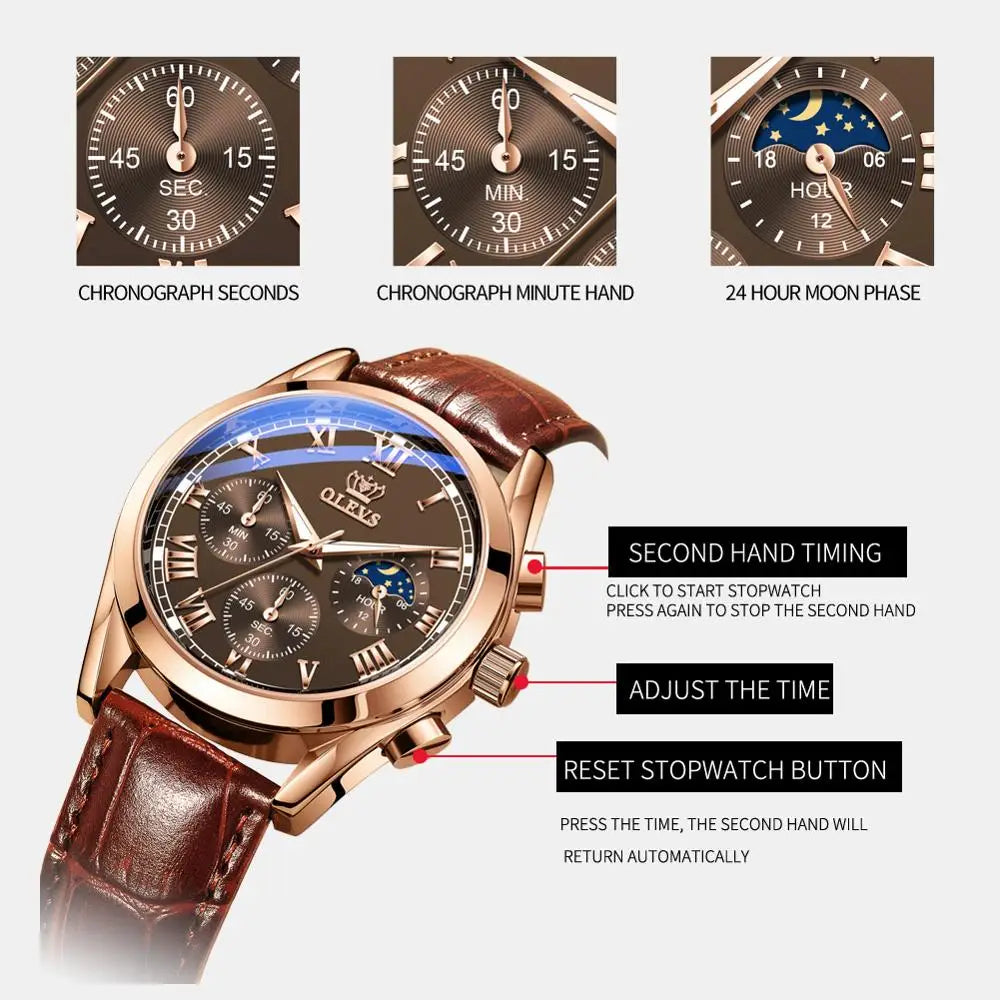 OLEVS Noctilucent Business Waterproof Leather Strap Moon Phase Relogio Masculino