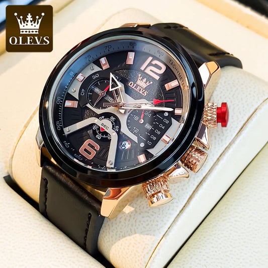 OLEVS 9915 Men's Big Dial Waterproof Quartz Fashion Chronograph Leater