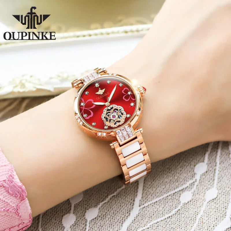 OUPINKE 3183 Tungsten Steel Watchstrap Waterproof  Automatic Watches Women