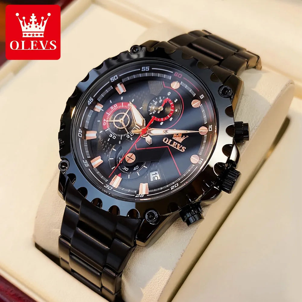 OLEVS Luxury Clock Casual Stainless Steel Moon Phase Men Watch Sport Waterproof Quartz Chronograph