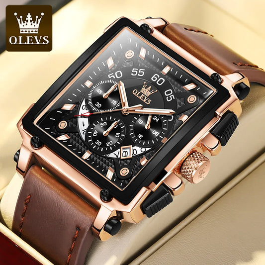 OLEVS Square Quartz Men Waterproof Leather Strap Sport Clock Relogio Masculino