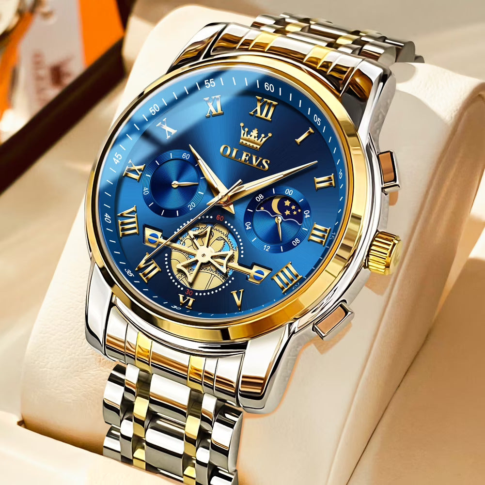OLEVS Men's Engraved Flywheel Chronograph Display Moon Phase Waterproof Luminous