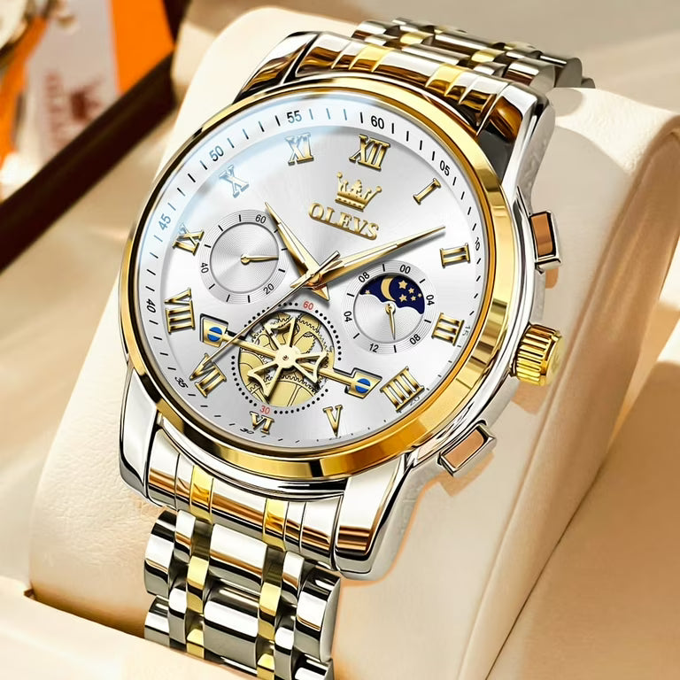 OLEVS Men's Engraved Flywheel Chronograph Display Moon Phase Waterproof Luminous