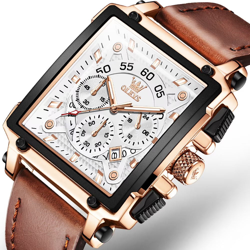 OLEVS Square Quartz Men Waterproof Leather Strap Sport Clock Relogio Masculino