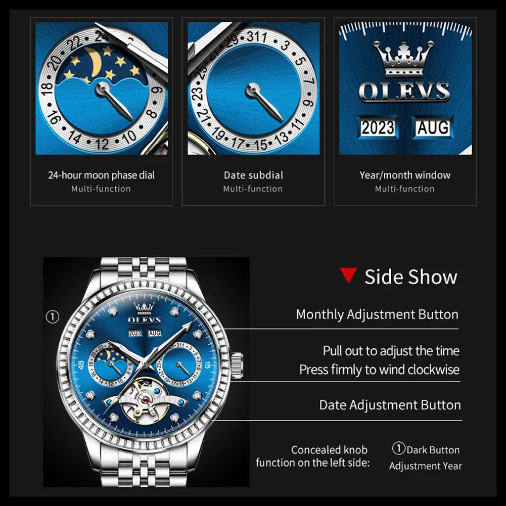 OLEVS 7016 Men's Hollow Flywheel Rhinestone Dial Moon Phase Perpetual Calendar