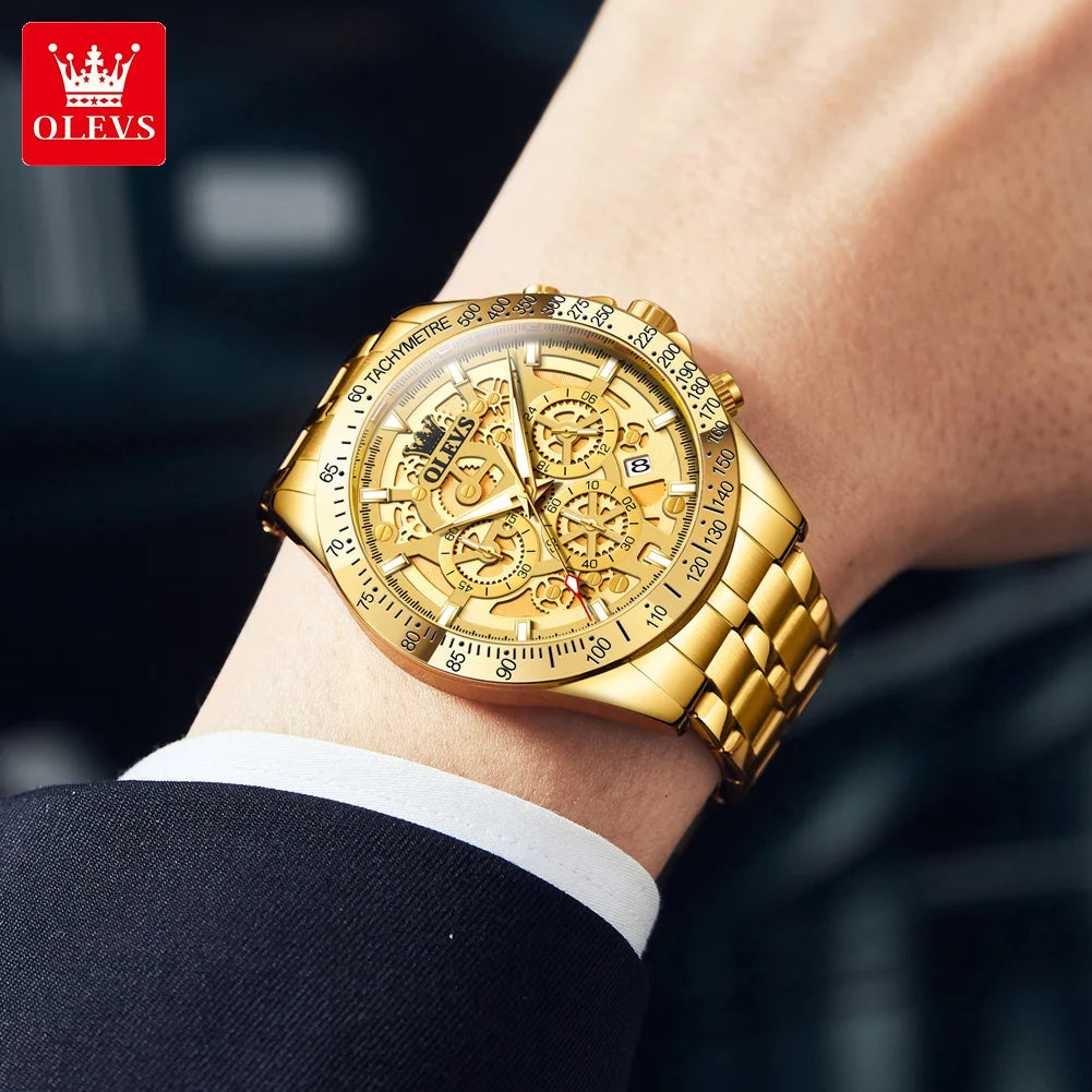 OLEVS 9913 Men's Gold Luxury Hollow Out Waterproof Luminous Chronograph Date