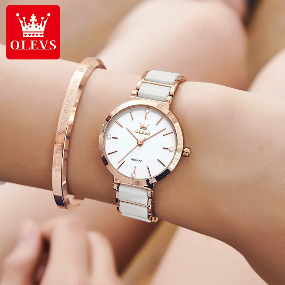 OLEVS 5877 Ceramics Quartz Women Waterproof Luxury Watch