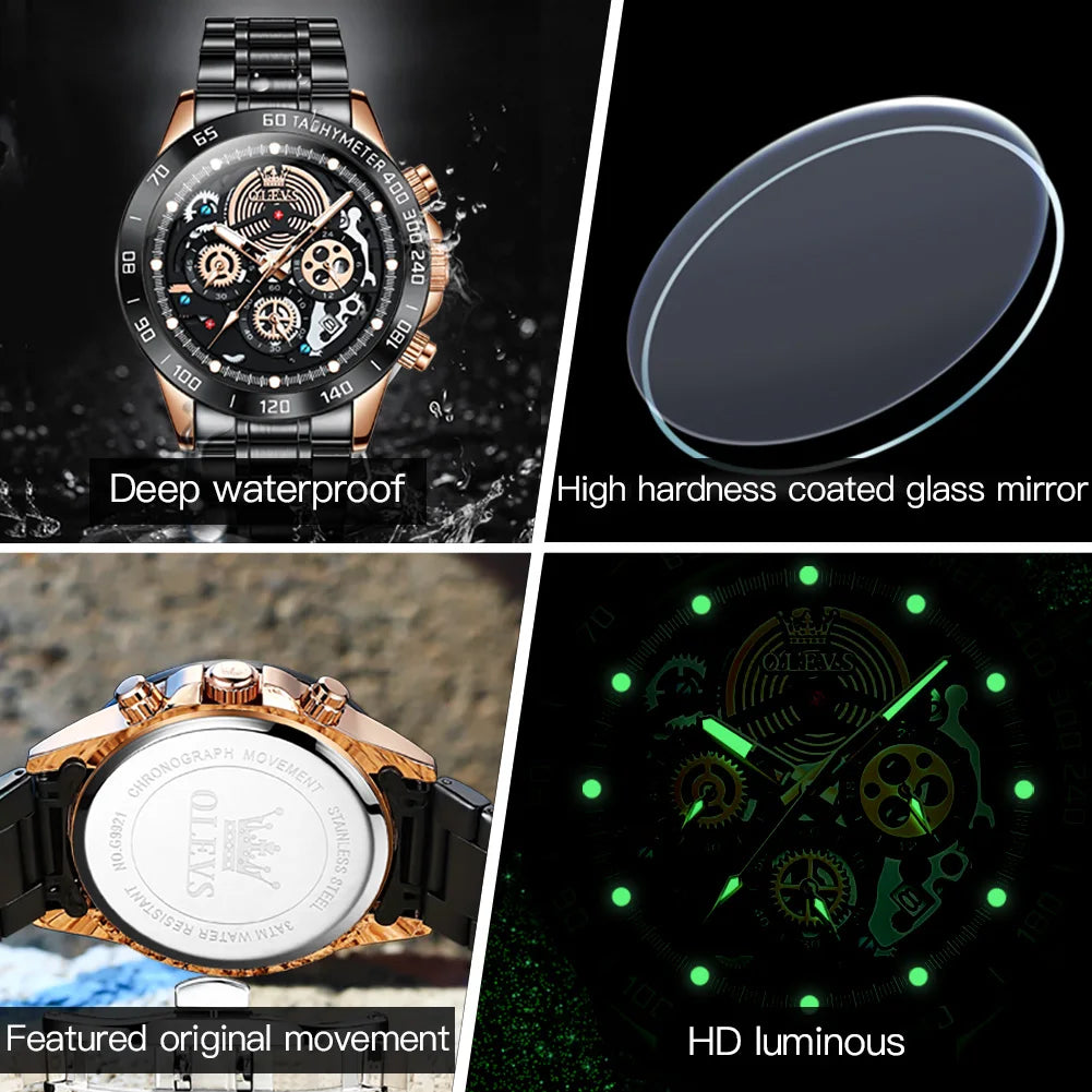 OLEVS 9921 Men Waterproof Quartz Skeleton Design