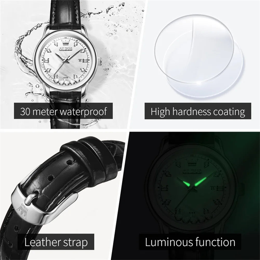 OLEVS 9981 Women's Diamond Scale Date Waterproof Luminous Leather