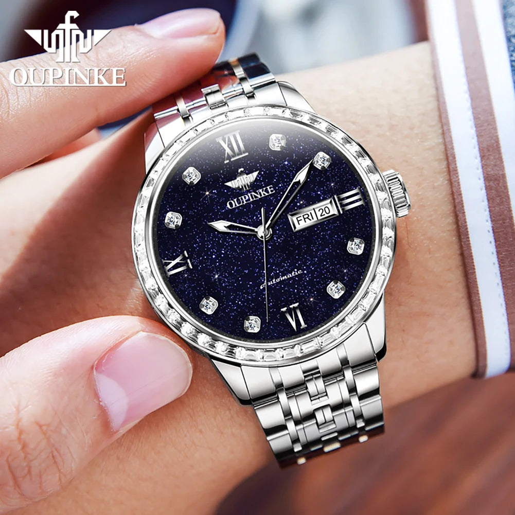 OUPINKE 3241 Men Mechanical Starry Sky Dial Waterproof Tungsten Steel