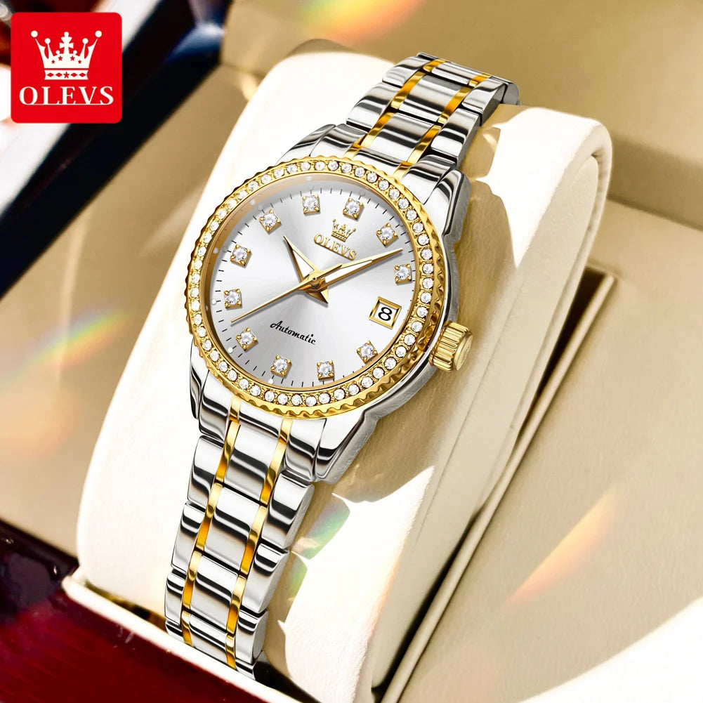 OLEVS 7003 Women's Mechanical Ladies Sparkling Diamond Dial Waterproof Luminous Date