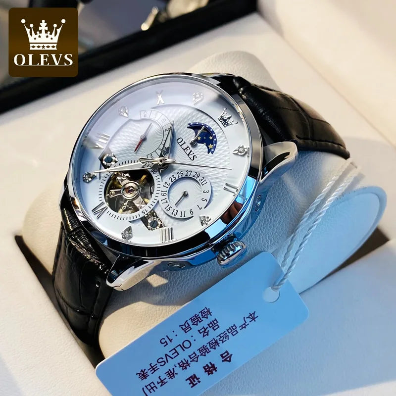 OLEVS 6652 Men's Skeleton Leather Calendar Date Watch