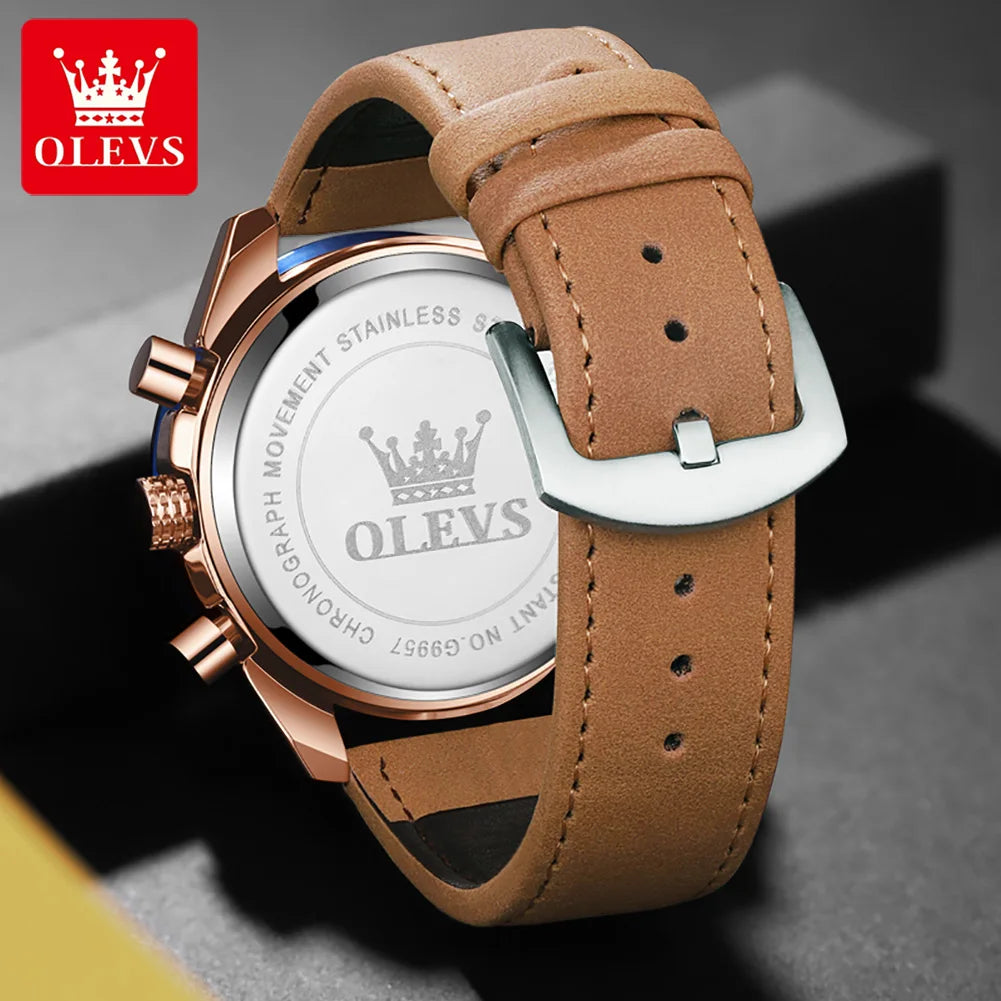 OLEVS 9957 Chronograph Waterproof Leather Wristwatch With Luminous Moon Phase