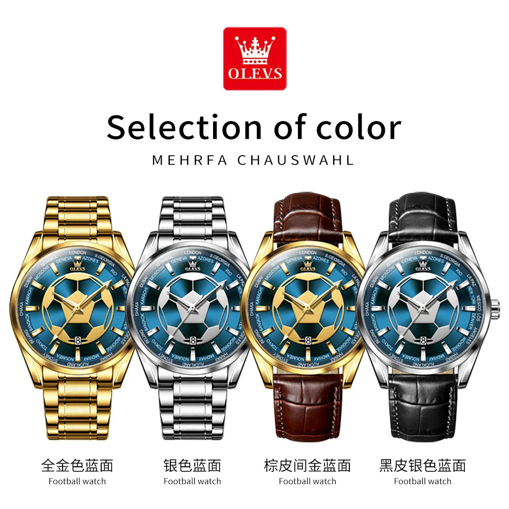 OLEVS 9949 Men's Waterproof Stainless Steel All Gold Blue Soccer Dial