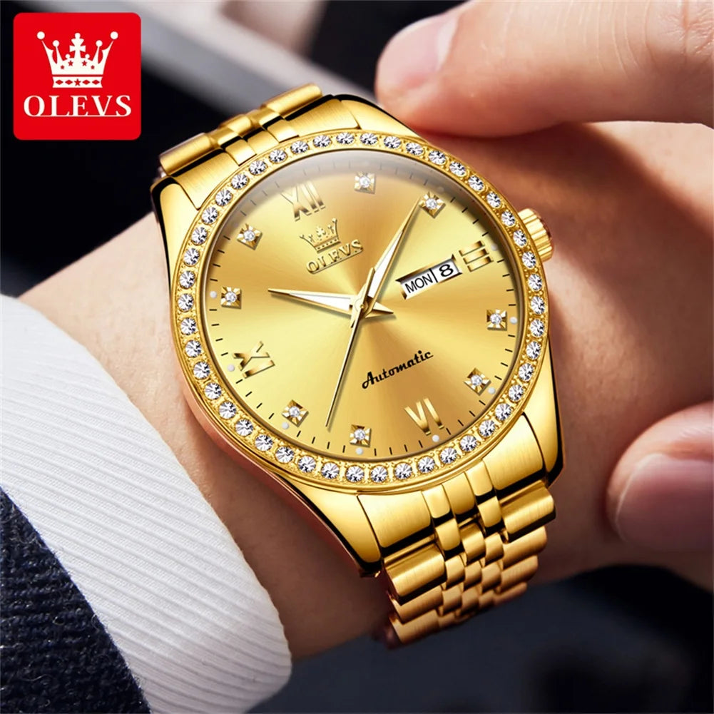 OLEVS 7012 Men's Business Waterproof Fine Steel Luminous Calendar Zircon Bezel