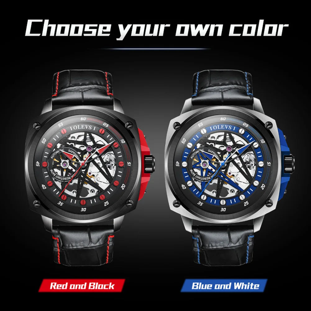 OLEVS Double Star Skeleton 50m Waterproof Leather Strap Lunminous Ruby