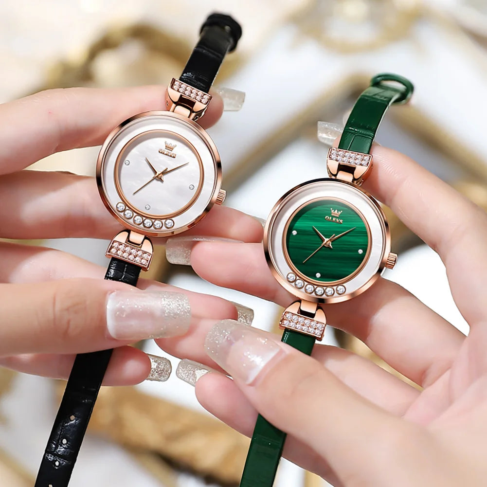 OLEVS Women's Elegant Green Simple Dress Watch Waterproof Leather