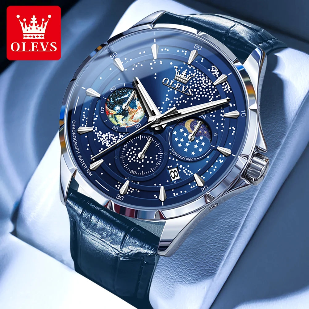 OLEVS 5538 Men's Leather Luminous Watch Chronograph Moon Phase