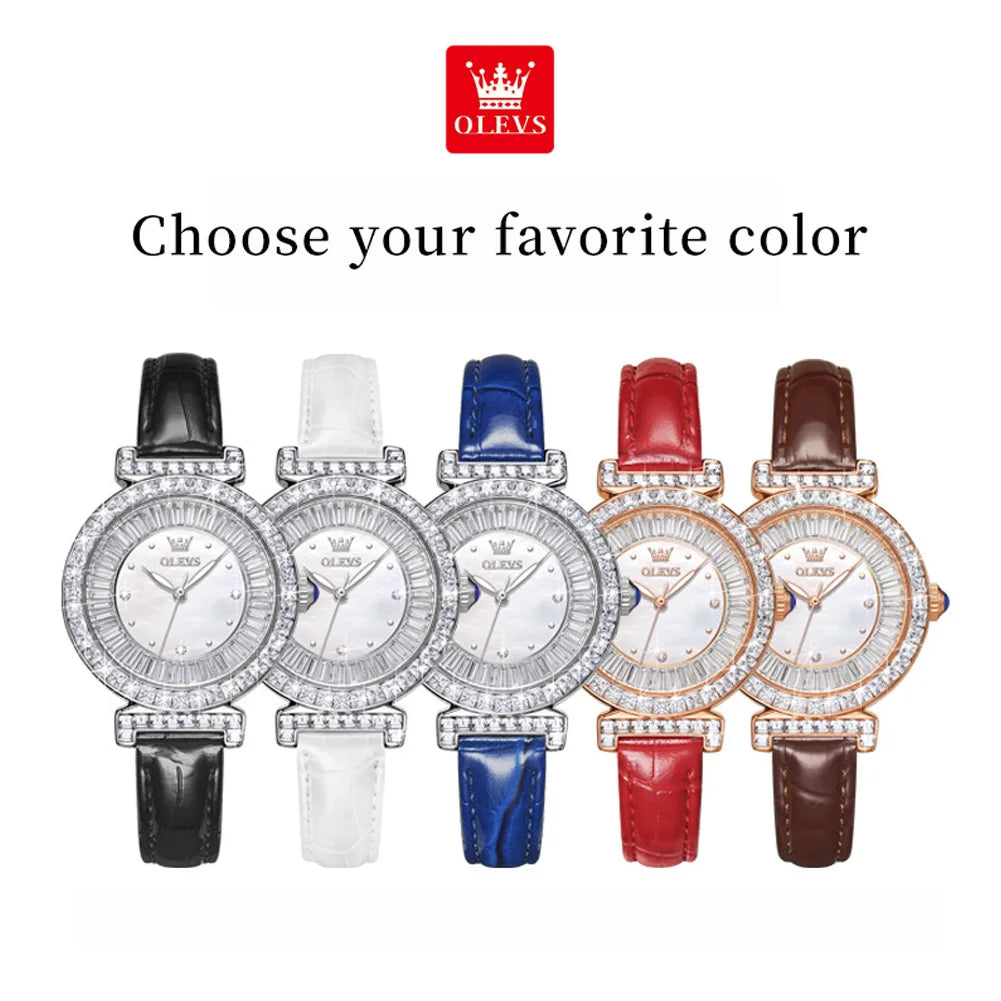 OLEVS 9983 Women's Light luxury Waterproof Leather Luminous Diamond Ring Dial Watch