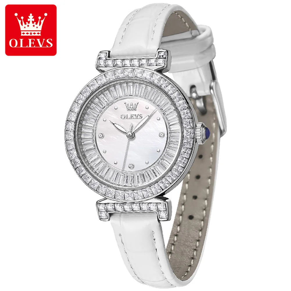 OLEVS 9983 Women's Light luxury Waterproof Leather Luminous Diamond Ring Dial Watch