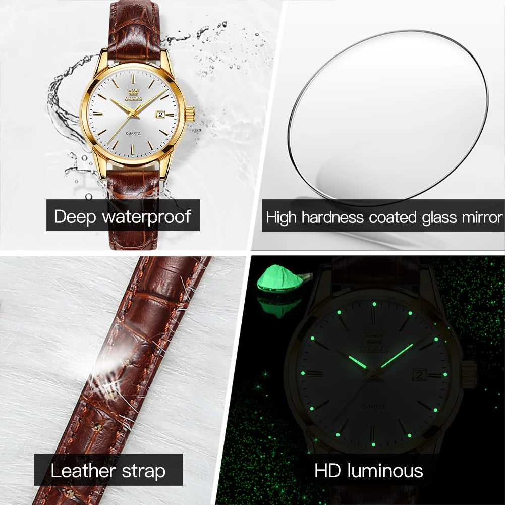 OLEVS 6898 Waterproof Leather Strap Fashion Women Watch Date Clock