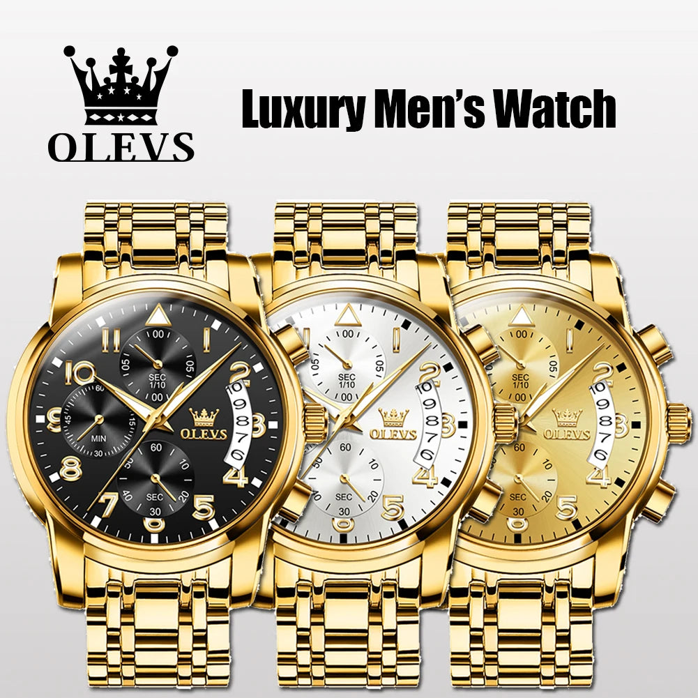 OLEVS 2879 Luxury Men's Gold Chronograph Stainless Steel Luminous Social