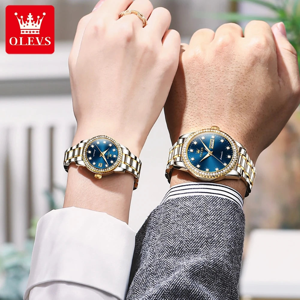 OLEVS 7703cp Couple Luxury Mechanical Waterproof With Diamond Dial Date