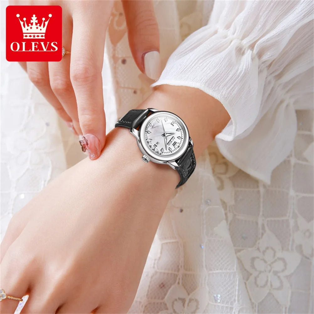 OLEVS 9981 Women's Diamond Scale Date Waterproof Luminous Leather