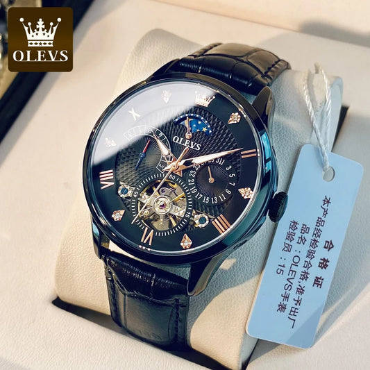 OLEVS 6652 Men's Skeleton Leather Calendar Date Watch