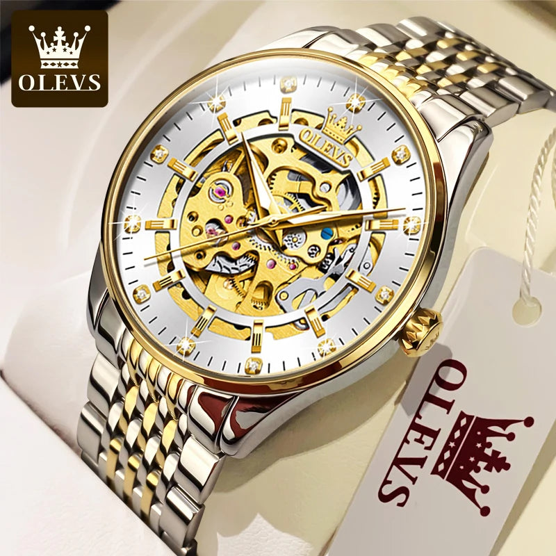OLEVS 9920 Men's Gold Skeleton Waterproof Stainless Steel Luminous
