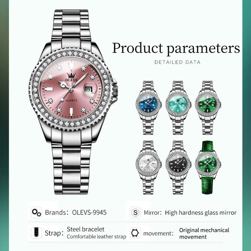 OLEVS 9945 Women's Quartz Ladies Luxury Bezel Diamond Waterproof Enlarge Set