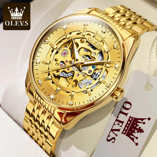 OLEVS 9920 Men's Gold Skeleton Waterproof Stainless Steel Luminous