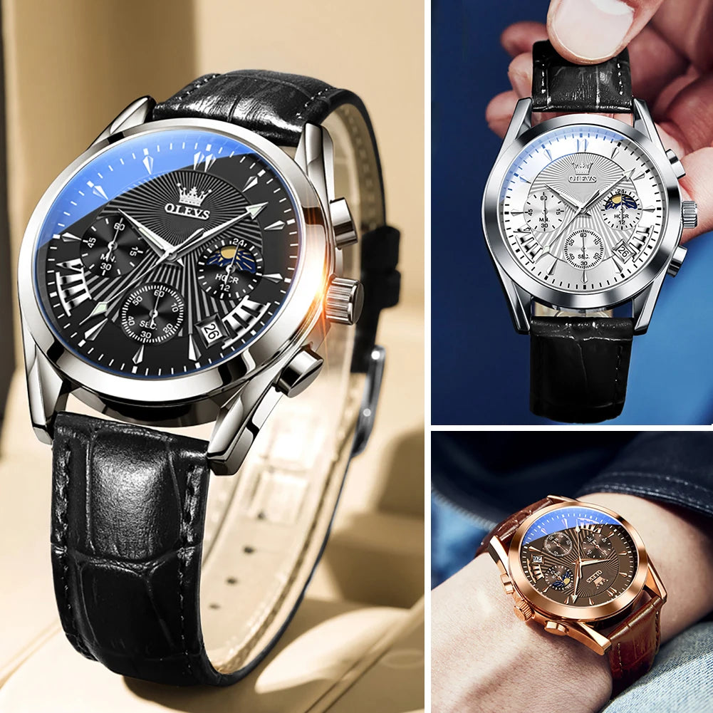 OLEVS Sport Chronograph Quartz Waterproof Leather Strap Luminous dial
