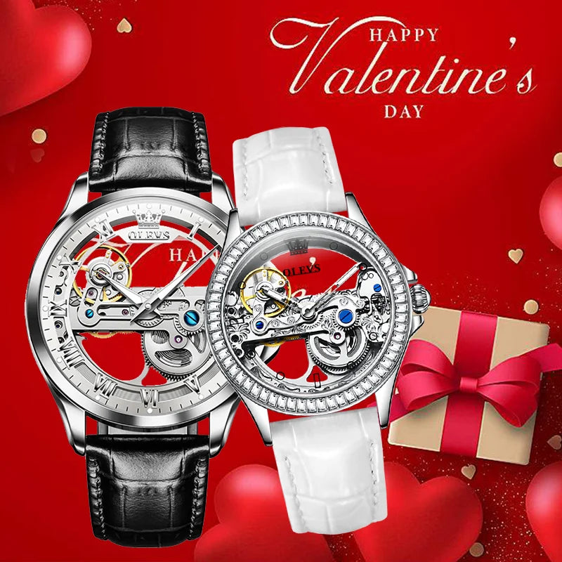 OLEVS 6661+6699 Couple Transparent Hollow Dial Fashion Leather Exquisite Set
