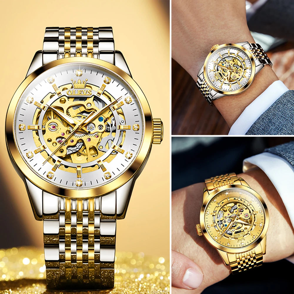 OLEVS 9920 Men's Gold Skeleton Waterproof Stainless Steel Luminous