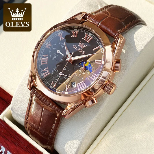 OLEVS Noctilucent Business Waterproof Leather Strap Moon Phase Relogio Masculino