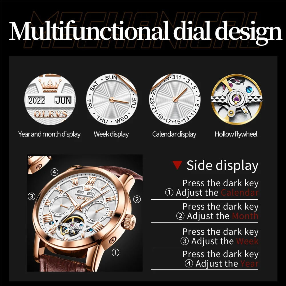 OLEVS Men's Classic Waterproof Leather Strap Luminous Calendar i