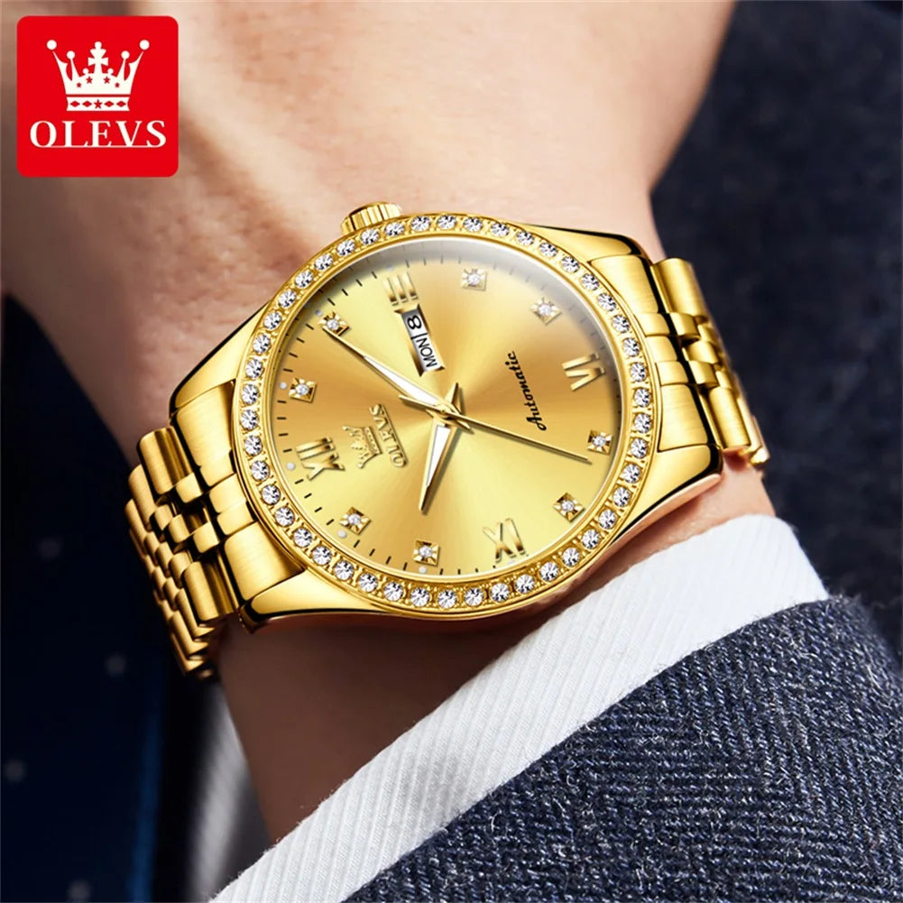 OLEVS 7012 Men's Business Waterproof Fine Steel Luminous Calendar Zircon Bezel