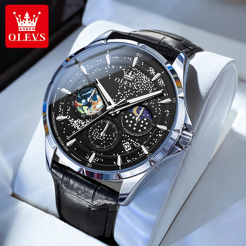 OLEVS 5538 Men's Leather Luminous Watch Chronograph Moon Phase