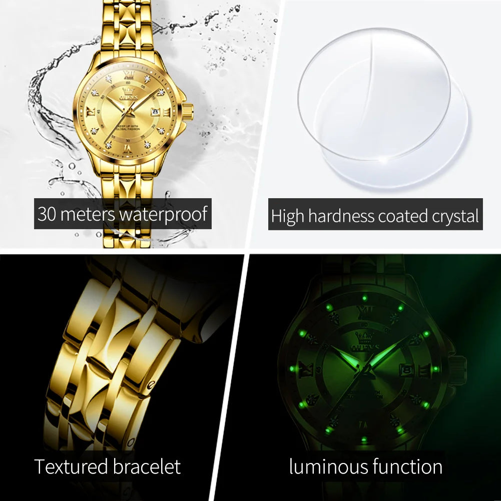 OLEVS 2906 Women‘s Luxury Gold Waterproof Rhombus Stainless Steel Watch