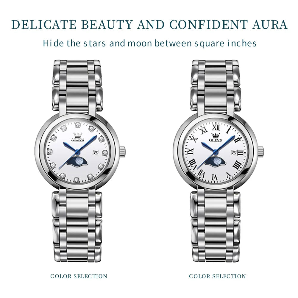 OLEVS 5573 Women's Minimalist Waterproof Stainless Steel Calendar Moon Pash Set