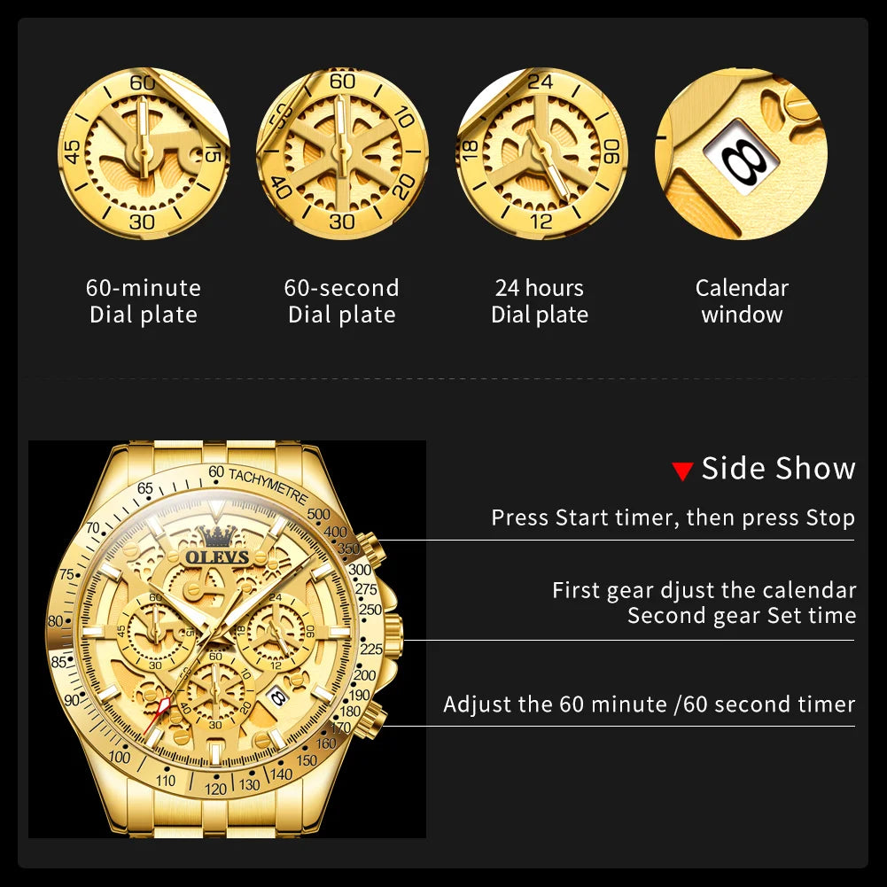 OLEVS 9913 Men's Gold Luxury Hollow Out Waterproof Luminous Chronograph Date