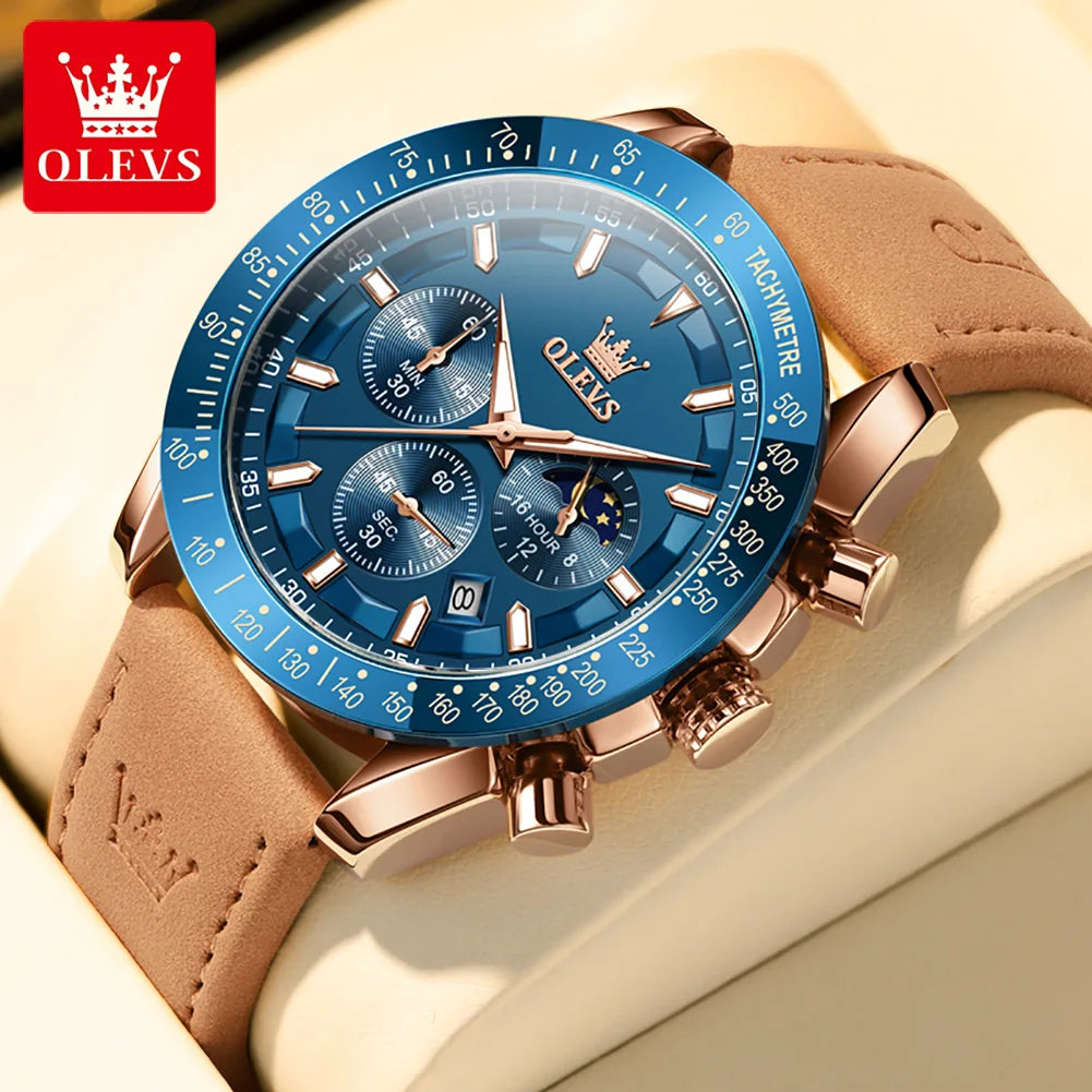 OLEVS 9957 Chronograph Waterproof Leather Wristwatch With Luminous Moon Phase